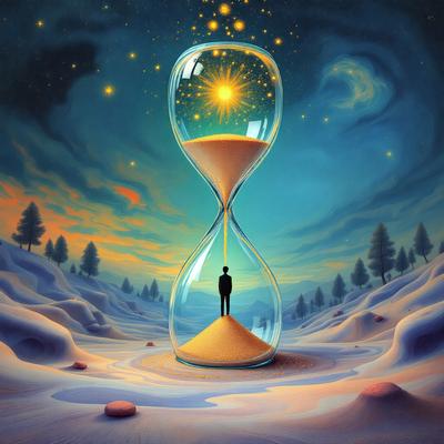 The primary subject of the image is a large, lit-up clock with a man standing inside it. The clock is located in a snowy landscape, and the man appears to be walking through the snow. The setting is a wintery environment with snow-covered ground, and the visual style is a combination of digital art and illustration. The colors in the image are predominantly white and blue, creating a cold and serene atmosphere.